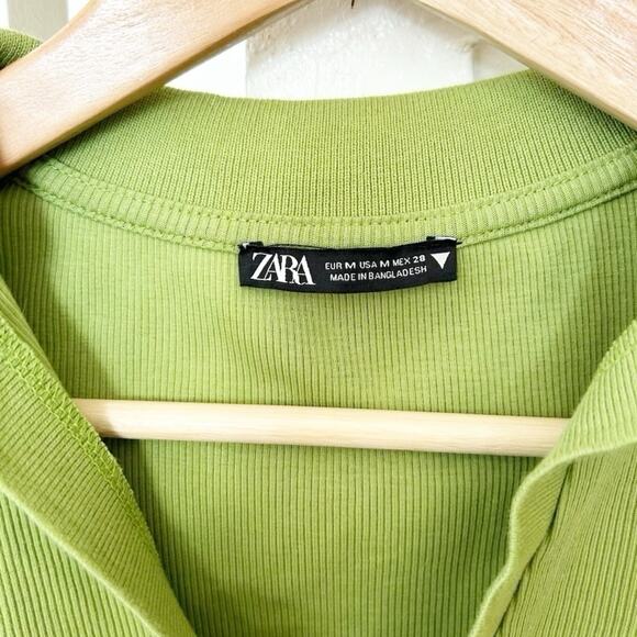Zara Lime Green Ribbed Long Sleeve Collared Pullover Crop Top Size M Medium - Picture 4 of 4